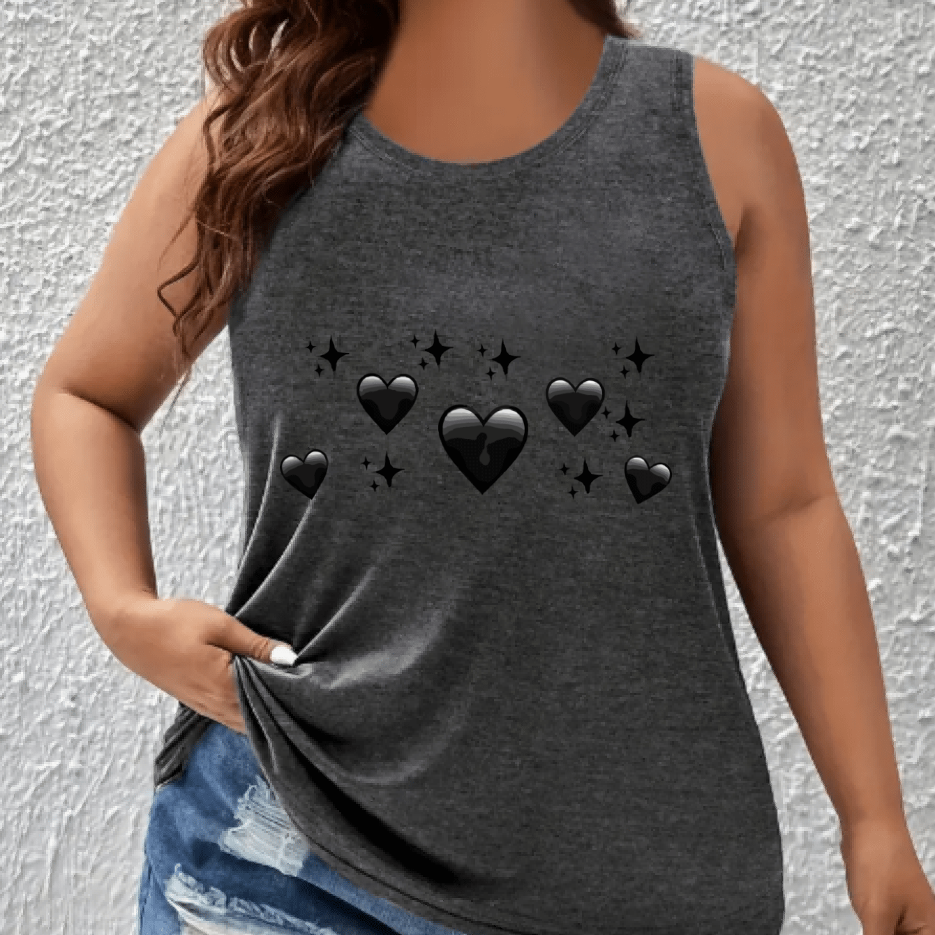 Women's Off-Shoulder Vest Top Breathable Black Heart Star Print Sleeveless Shirt