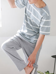 Men's Gray Striped Short Sleeve Pajama Set with Long Pants Lounge Wear