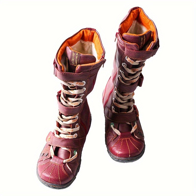 Women's Retro Leather Mid Heel Boots Lace Up Side Zipper Casual