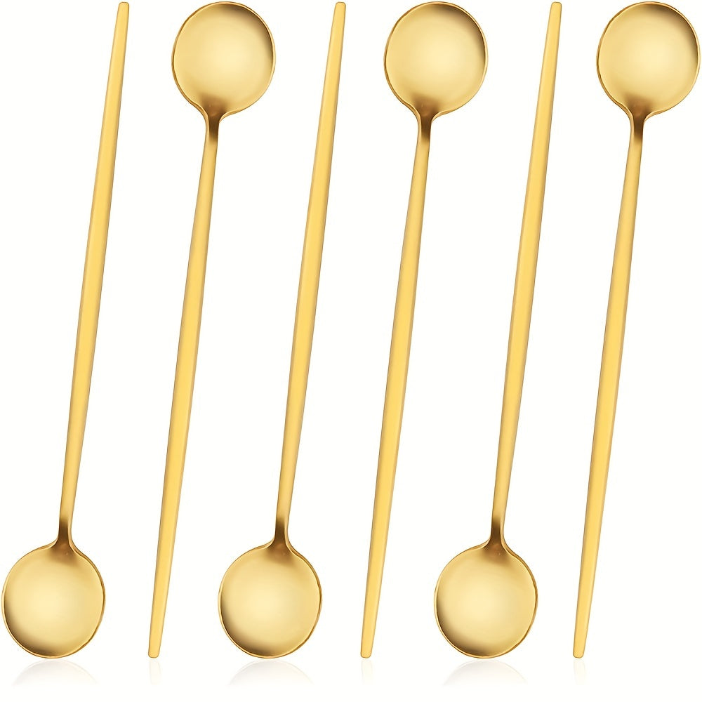 6-Piece Set of Golden Stainless Steel Ice Tea Spoons for Cocktails Coffee and Soda