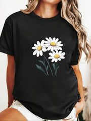 Women's Plus Size Black Daisy Print Casual T-Shirt with Breathable Fabric