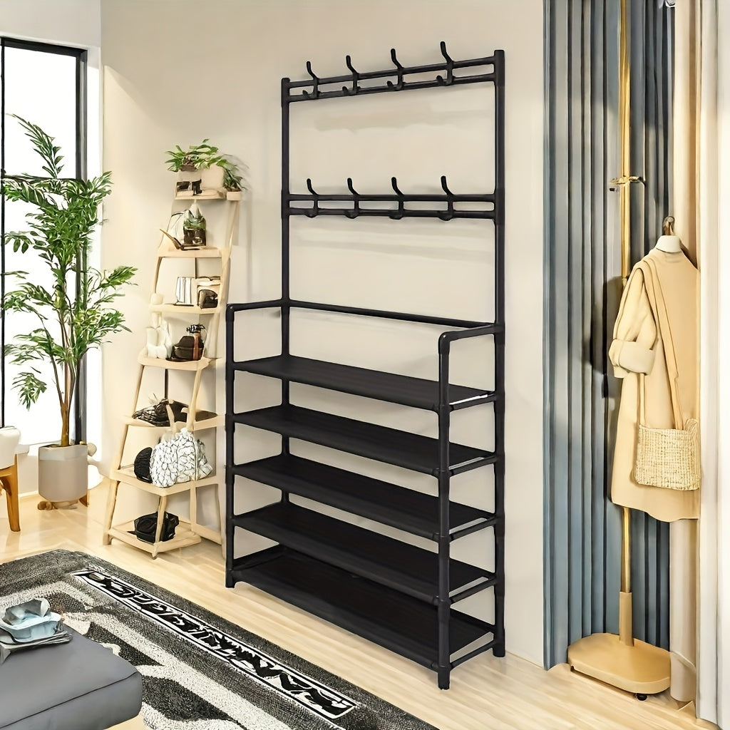 Metal Shoe Rack with 4/5 Tiers and 8 Hooks Black White Organizer Easy to Assemble