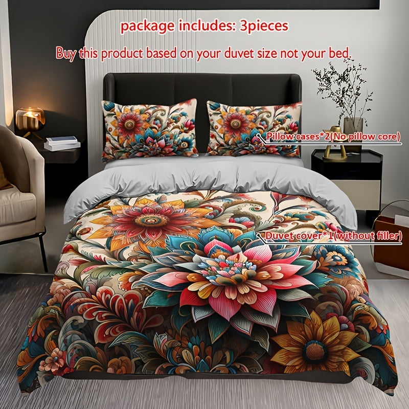 Conjunto de ropa de cama bohemia con mandala floral, 3 piezas, funda nórdica y fundas de almohada