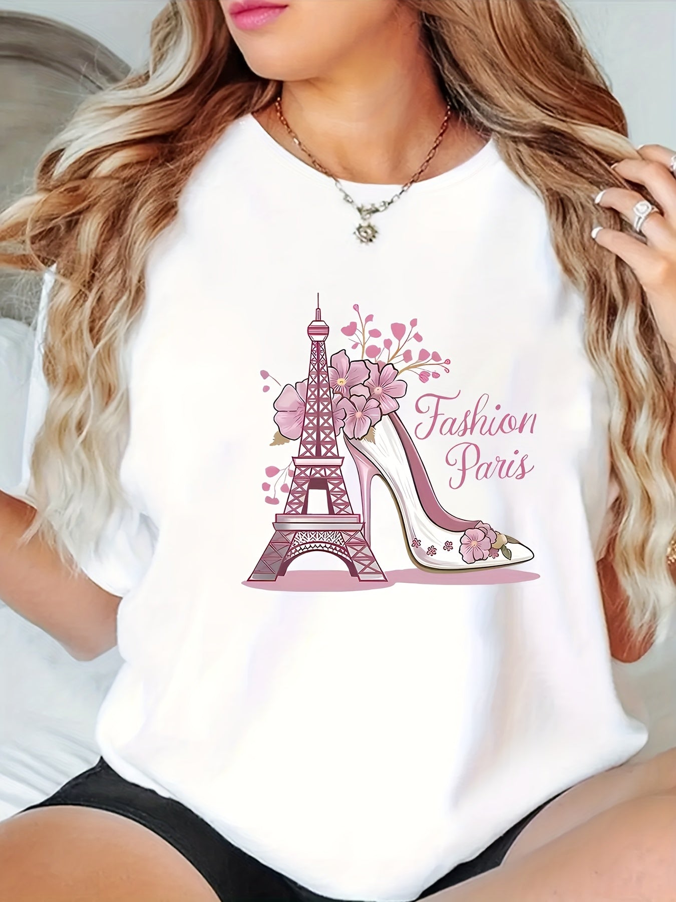 Women's Parisian Eiffel Tower Graphic T-Shirt Floral Accents Casual Top