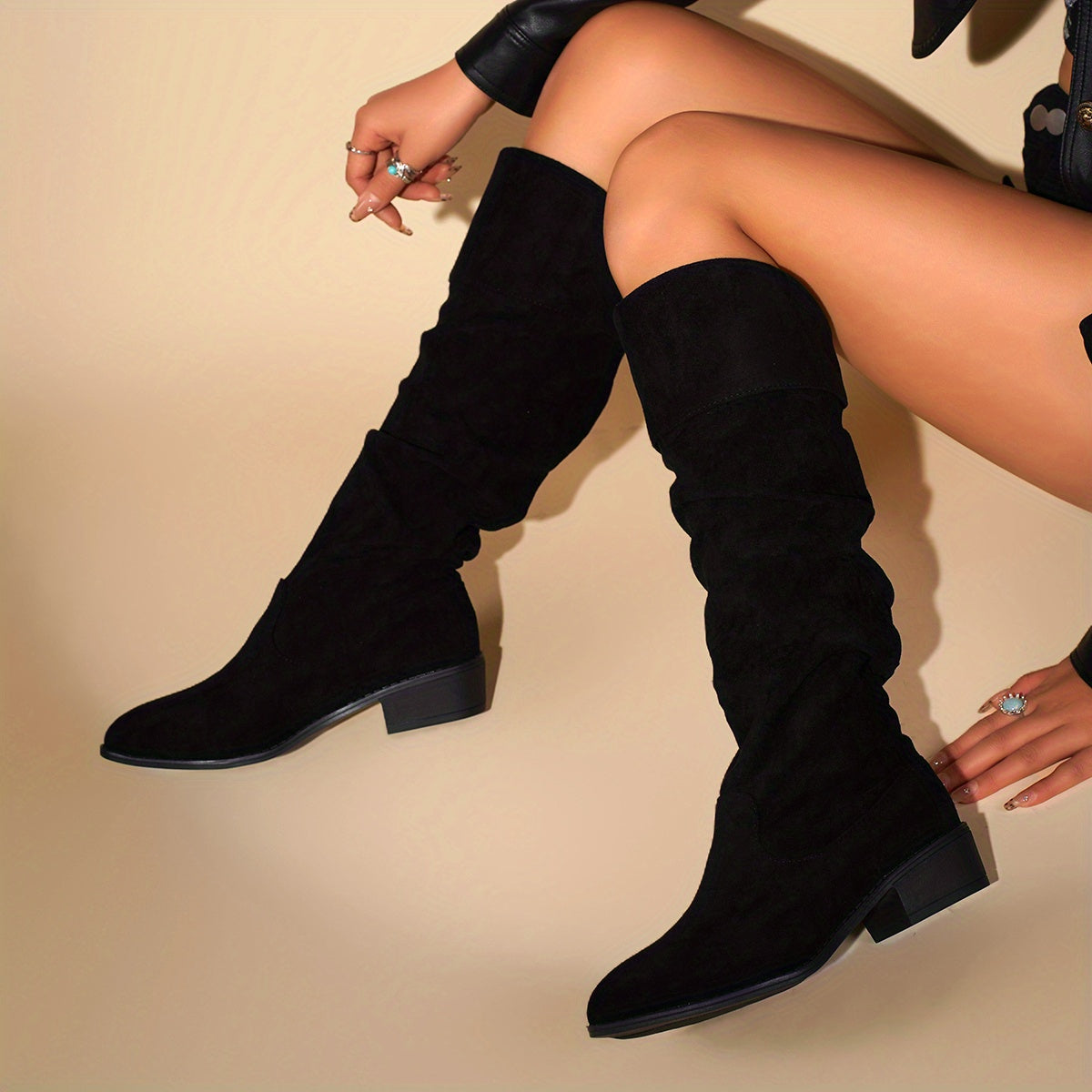 Women's Chunky Mid-Heel Ankle Boots Fabric Upper Rubber Sole Black All-Season Western