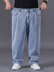 Erkaklar uchun plussiz denim jinsi shimlar, ozgina cho'ziladigan paxta aralashmasi, keng to'g'ri oyoq dizayni, yil davomida kiyish uchun yuvilgan bir xil rang.