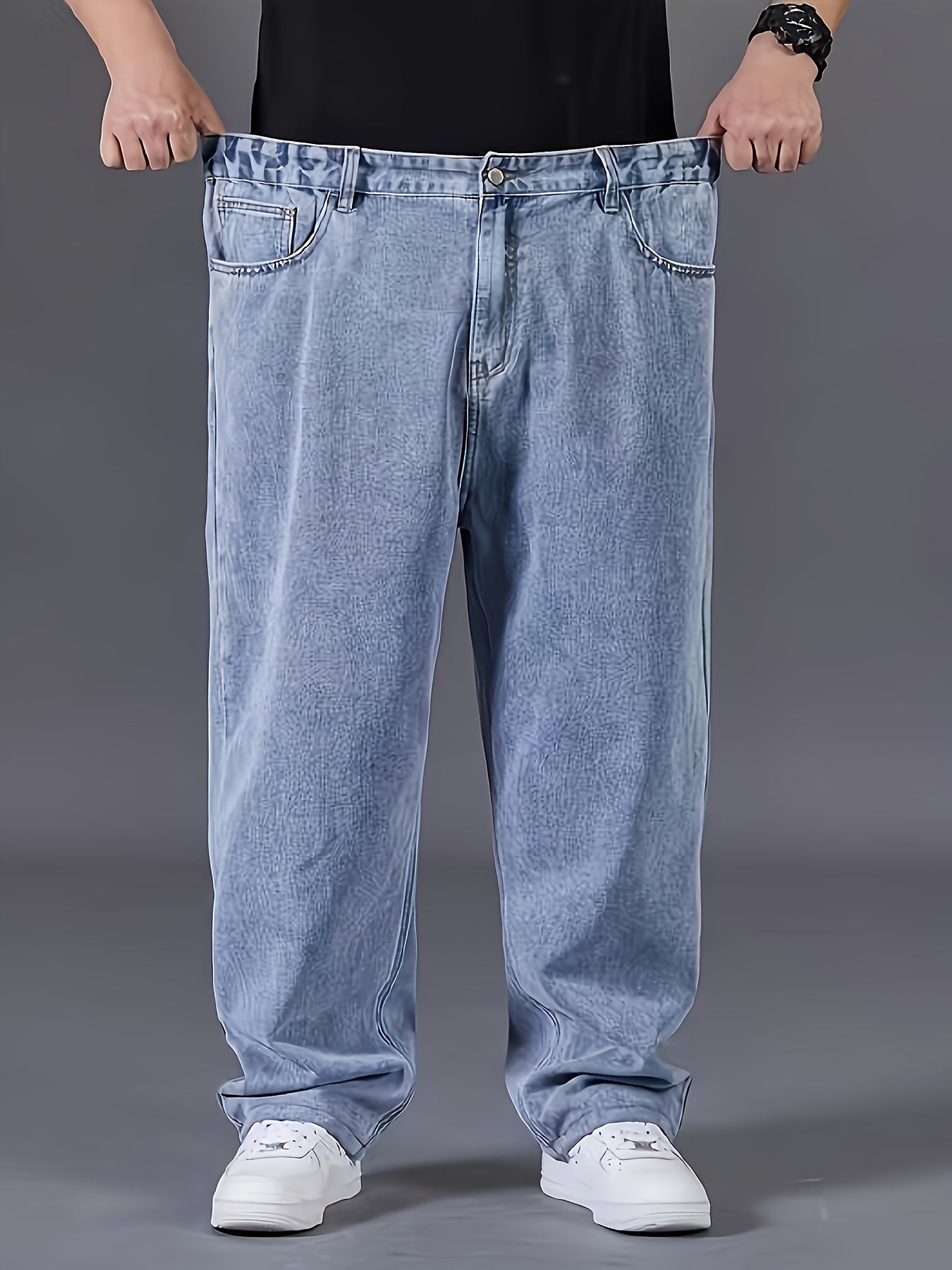 Erkaklar uchun plussiz denim jinsi shimlar, ozgina cho'ziladigan paxta aralashmasi, keng to'g'ri oyoq dizayni, yil davomida kiyish uchun yuvilgan bir xil rang.