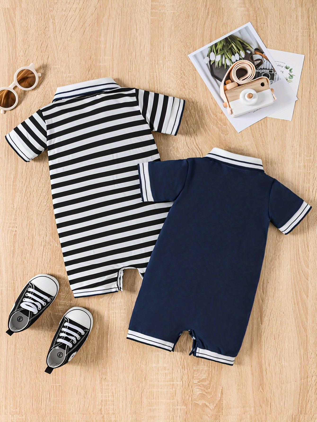 Baby Girls and Boys Summer Cotton Short Sleeve One-Piece and Crawler Suit with Half-Open Chest