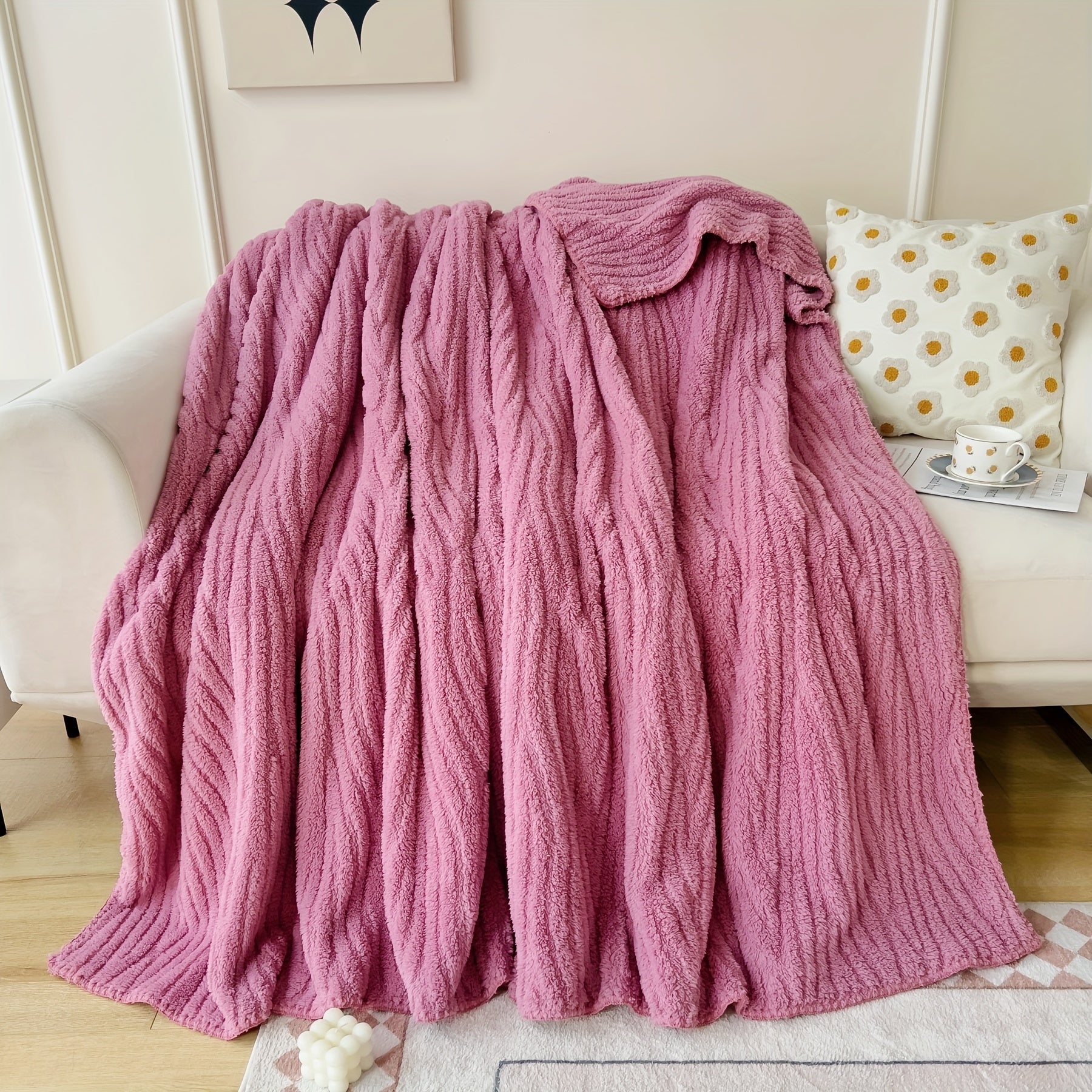 Fleece Jacquard Blanket Solid Color Warm Soft Couch Sofa Bed Travel Camping