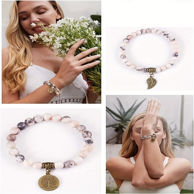 2 ta Tabiiy Pushti Zebra Jasper To'plaridan Yasalgan Ayollar Uchun Bilaguzuklar - Hayot Daraxti va Barg Charm Energiya Reiki Kristallari - Cho'ziladigan Dizayn