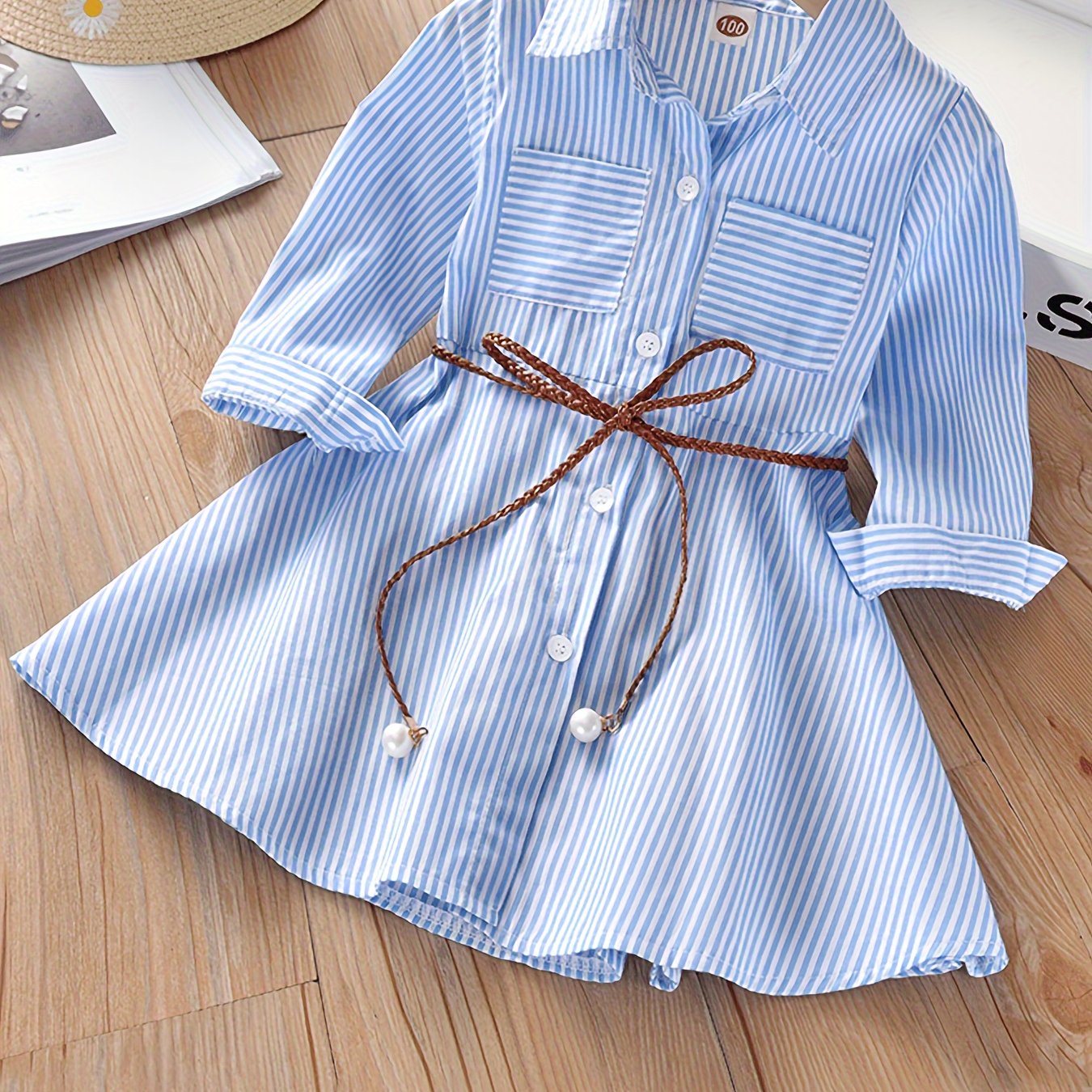 Girls' Striped Cotton Blend Shirt Dress with Pockets for Spring Summer Fall, One Size Smaller