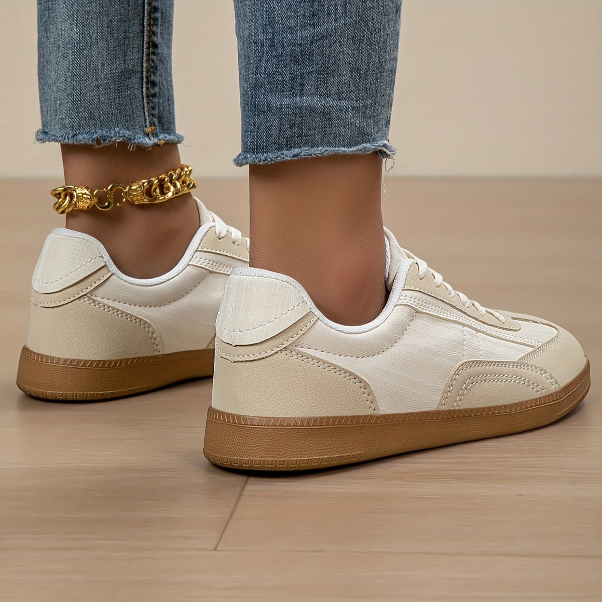 Women's Casual Sneakers Breathable Mesh Non-Slip Low-Top Beige White