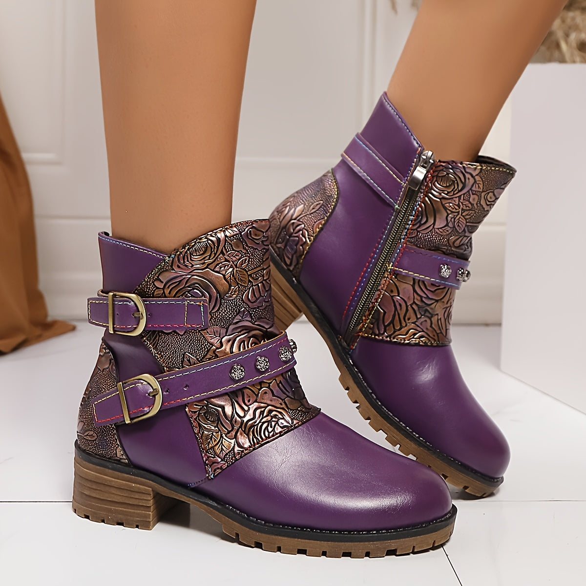 Women's Purple Ankle Boots With Chunky Heel Floral Print All-Season PU Cover