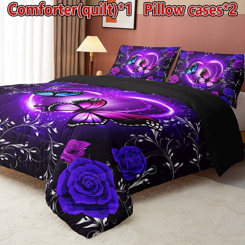 Set of 3 Purple Butterfly Floral Quilt Bedding Set with Pillowcases All Season Soft Breathable