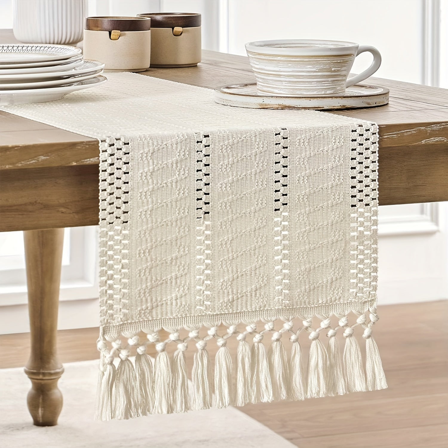 Bohemian Macrame Crochet Table Runner with Tassels for Rustic Farmhouse Decor
