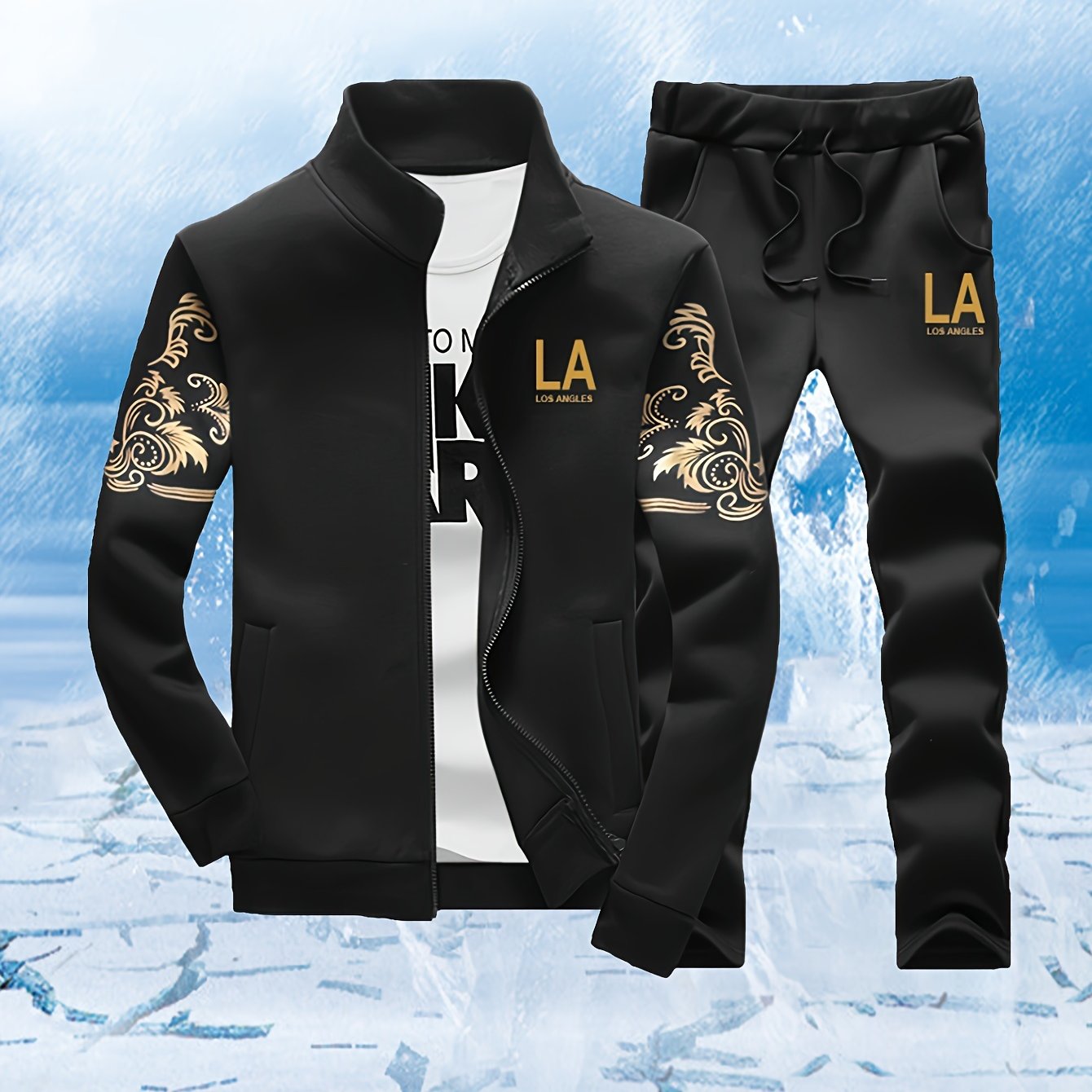 Men's Fleece-Lined Striped Sportswear Set with Zip-Up Jacket and Drawstring Pants