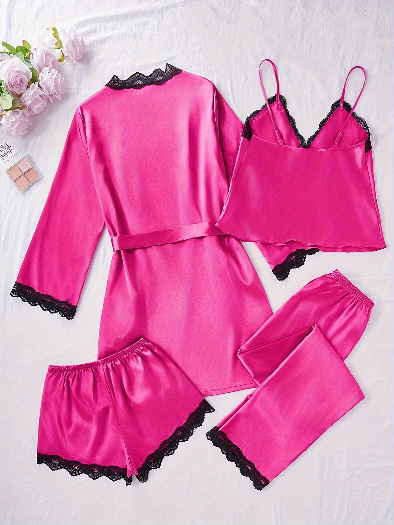 Women's Solid Polyester Pajama Set with Lace Trim Camisole Shorts Pants and Robe