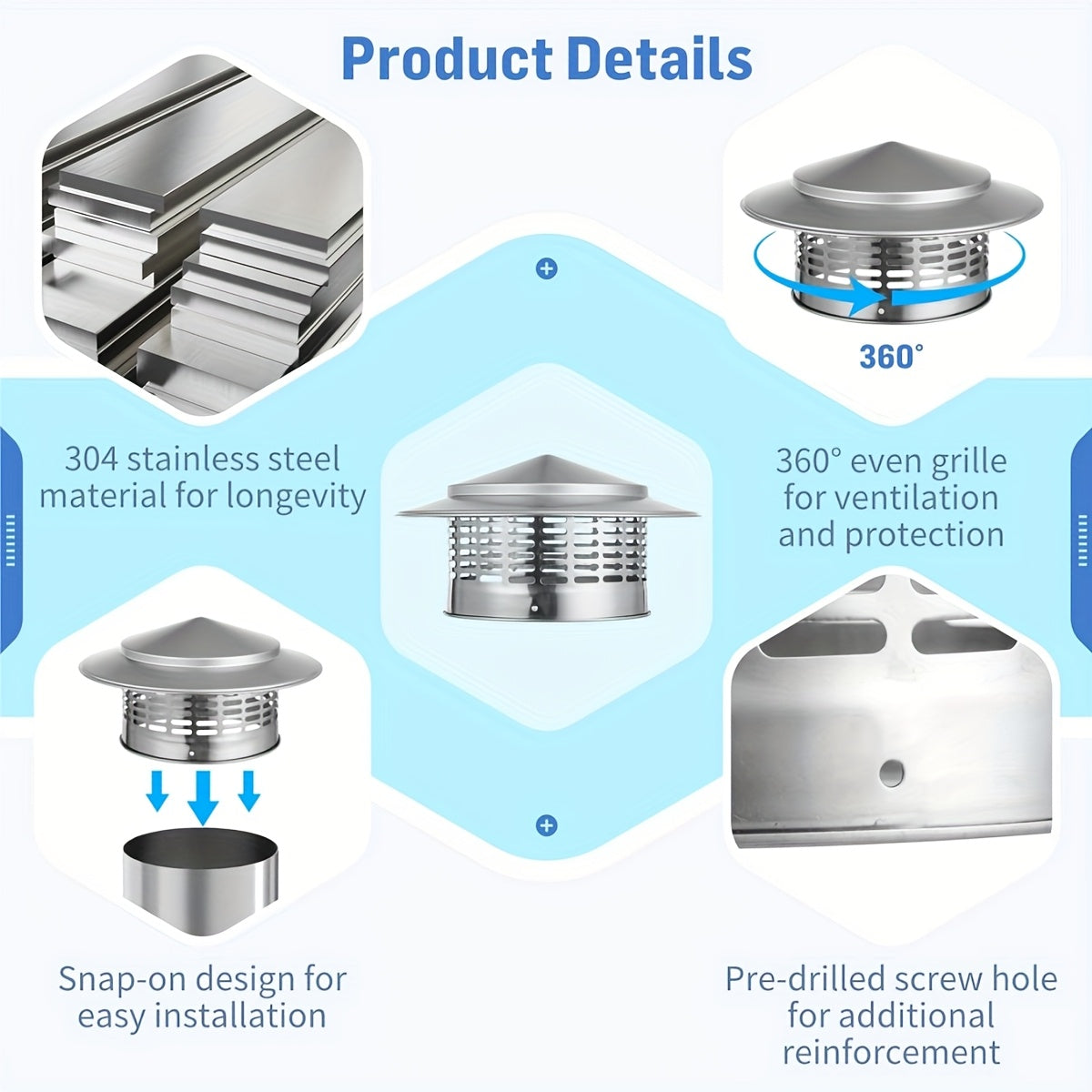 Stainless Steel 4 Inch Chimney Cover with Strainer Rain Cap for Ventilation