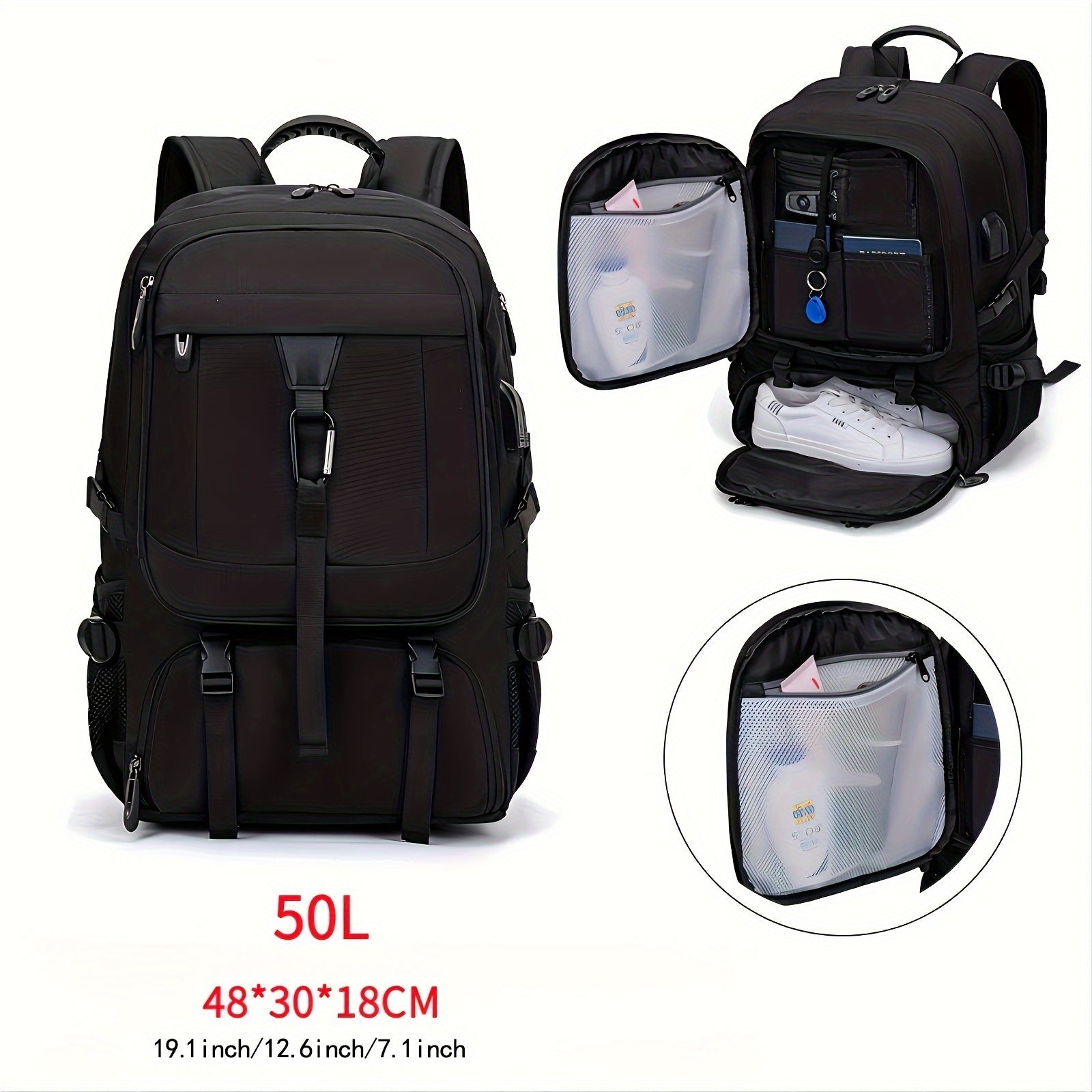 50L 80L Sayohat sumkasi, oyoq kiyim bo'limi, noutbuk uchun qopqoq, kengaytiriladigan sport, piyoda sayohat, qisqa sayohat
