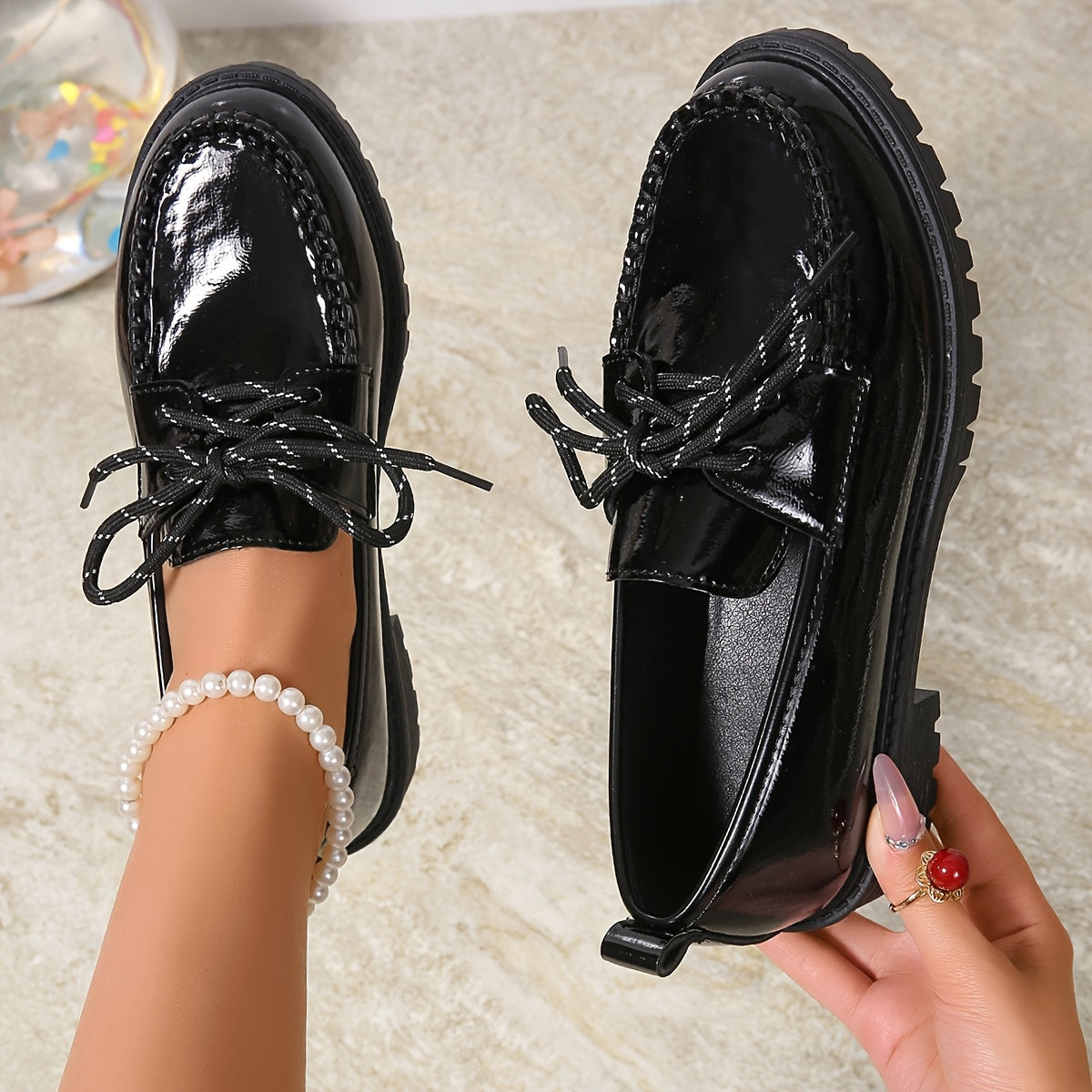 Women's White Loafers with Black Accents Casual Slip-On Platform Shoes