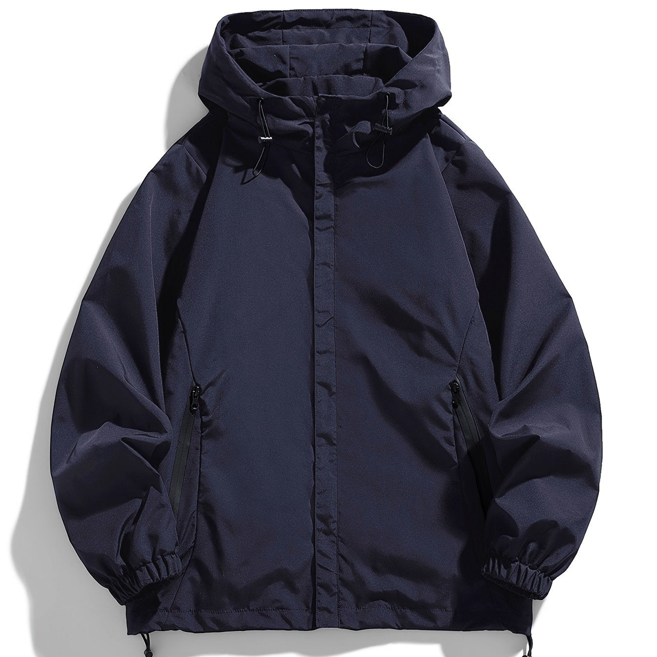 Men's Navy Blue Polyester Hooded Windbreaker Jacket for Spring and Fall