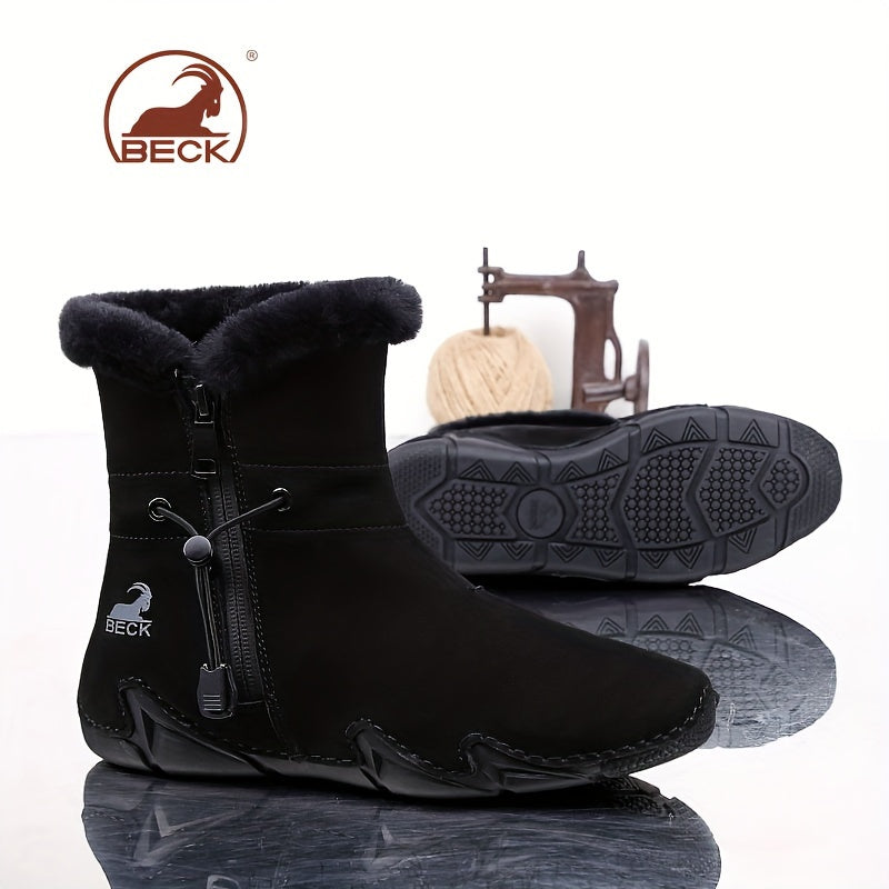 Women's Leather Winter Snow Boots with Fluffy Side Zipper and Warm Lining
