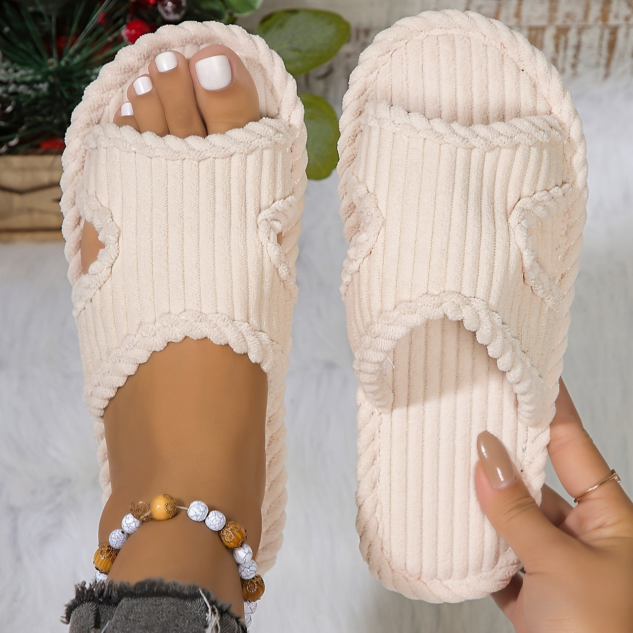 Women's Striped Slippers Soft Fabric Rubber Sole All Seasons