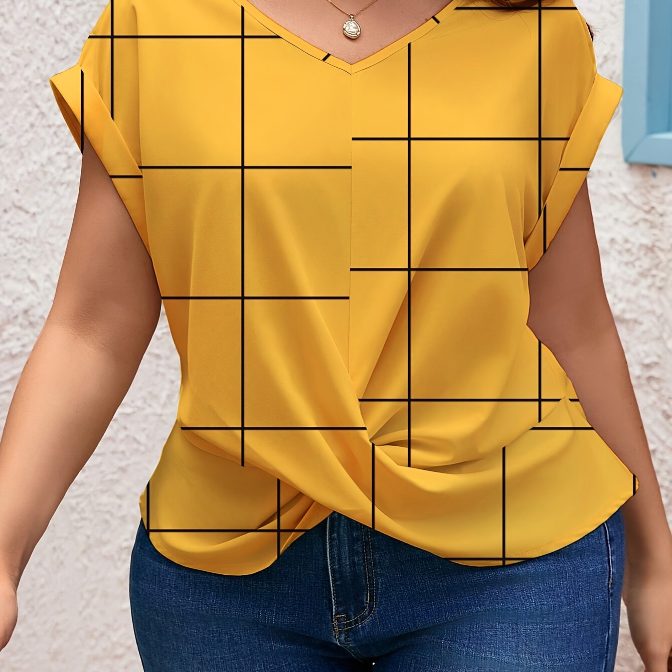 Plus Size Women's V-Neck Blouse Twist Front Lightweight Casual Top Yellow