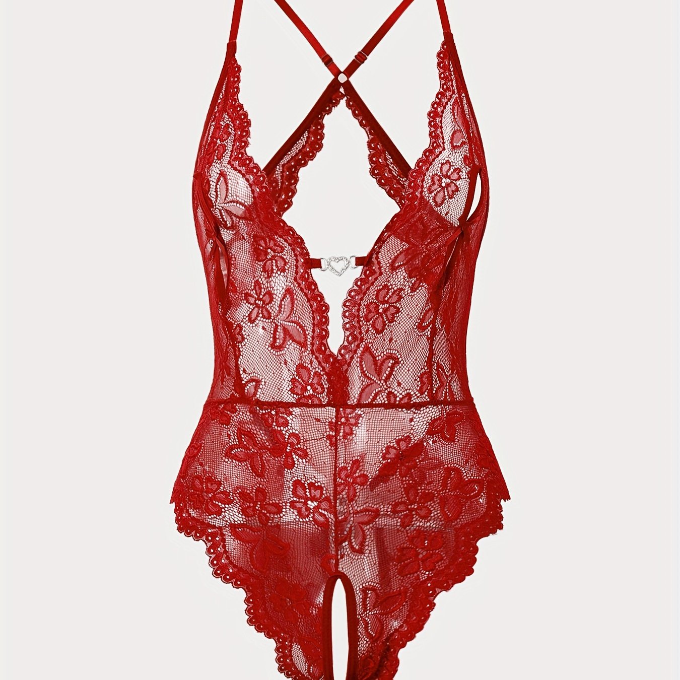 Women's Red Lace Bodysuit with Deep V-Neck and Floral Print Nylon Lingerie