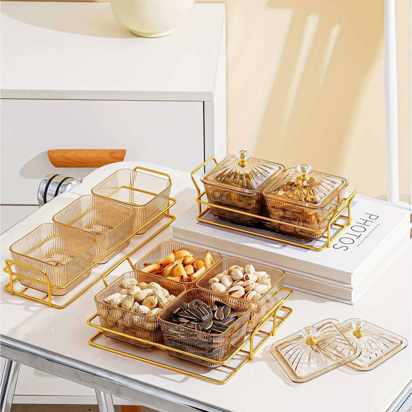 Amber Gold-T trimmed Serving Set for Dried Fruit and Nuts with Beaded Decorations