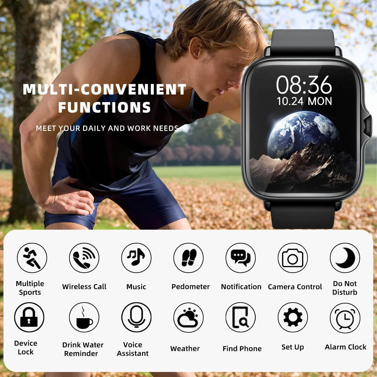 Sports Smart Watch for Men Women 4.65cm Full Touch Screen Sleep Monitoring Pedometer Compatible with iPhone Android