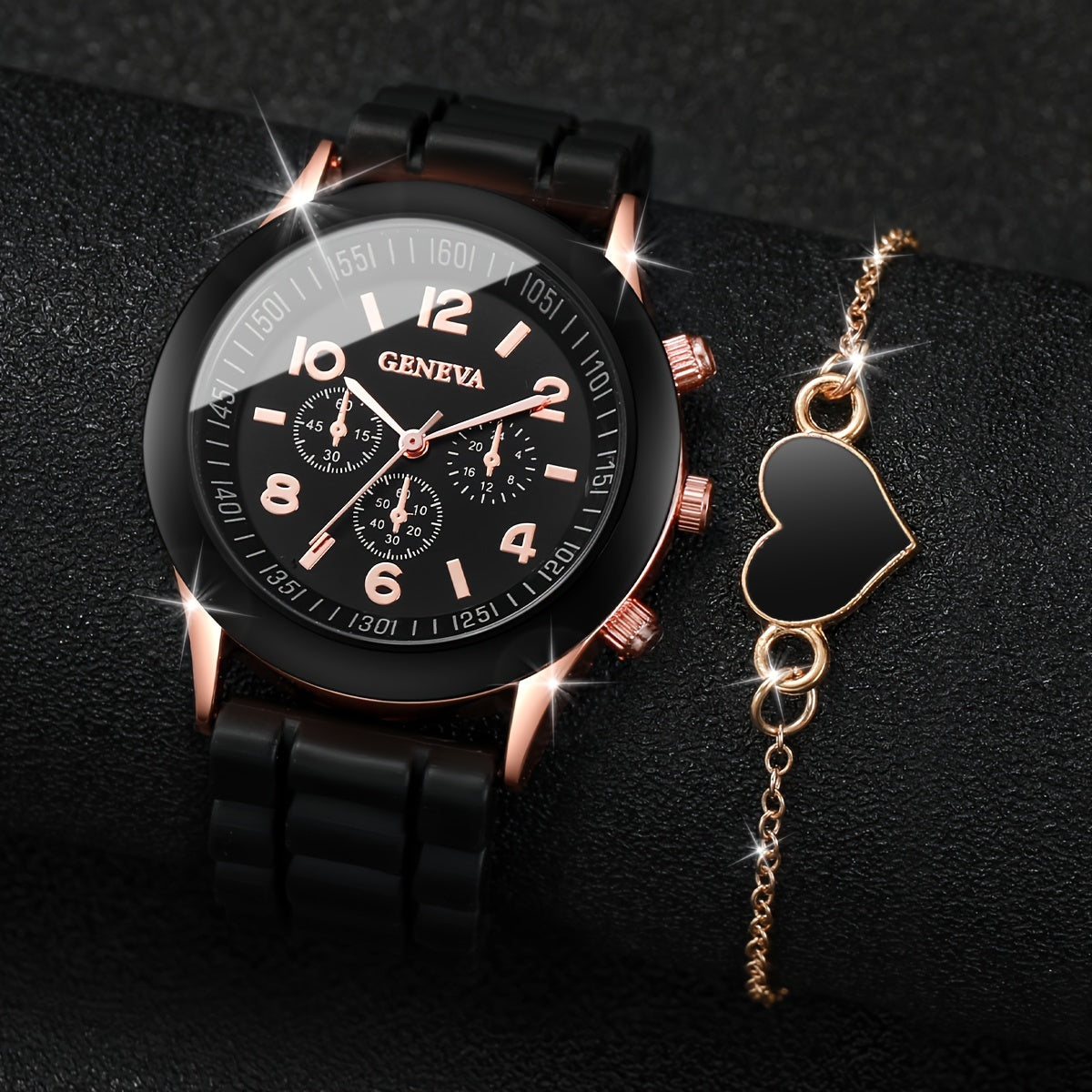 Women's Fashion Casual Watch Set with Quartz Movement Silicone Band Heart Bracelet