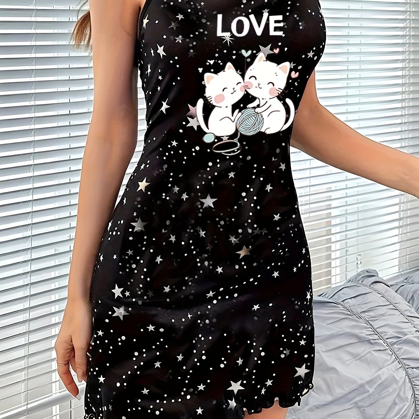 Women’s Cat and Star Print Lounge Dress with Frill Trim Backless Slip Nightgown
