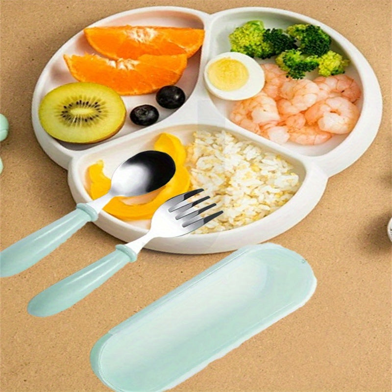 0-3 yoshdagi bolalar uchun oson ushlash tutqichi bilan 1-dona zanglamas po'latdan yasalgan idish-to'plam. Qopqoq ichida vilkalar va qoshiqni o'z ichiga oladi. Yog'och materialsiz, elektrsiz. Rang: Ko'k.