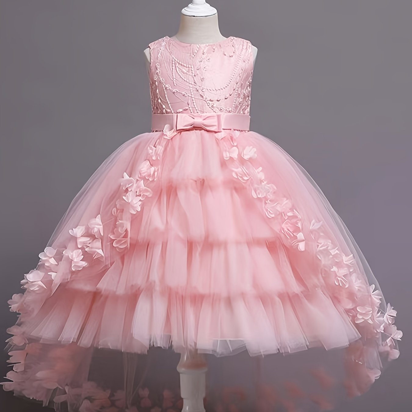 Girls Pink Princess Dress with Floral Appliqués Tulle Overlay Bow for Parties and Pageants
