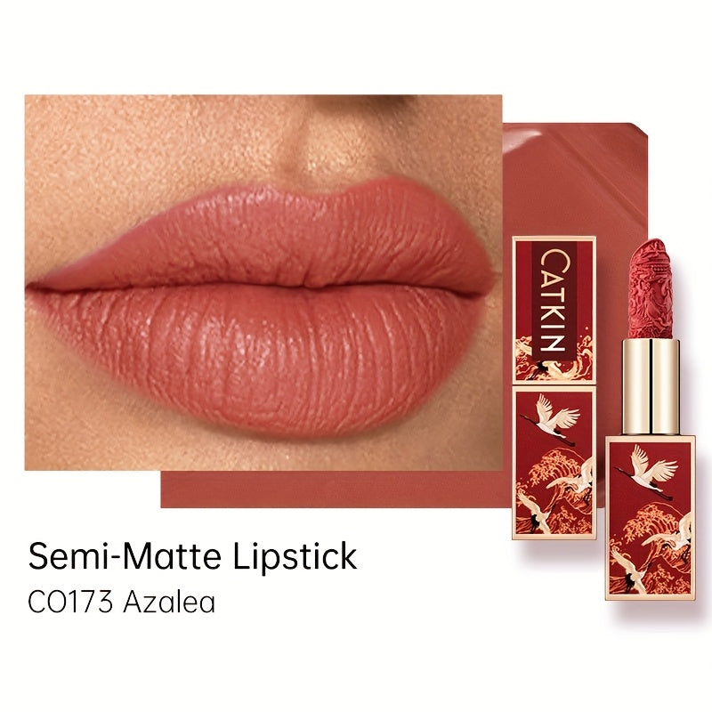 Red Carving Matte Lipstick Waterproof Long-Lasting Satin Finish for Smooth Red and Nude Lips