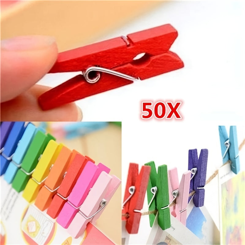 Colorful Wooden Clips for DIY Photo Storage and Crafts, 50 Pack