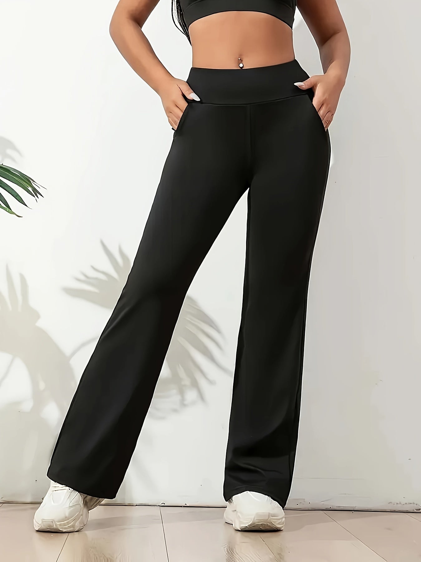 Women's Plus-Size High-Waisted Stretch Pants Slim-Fit Straight-Leg Black