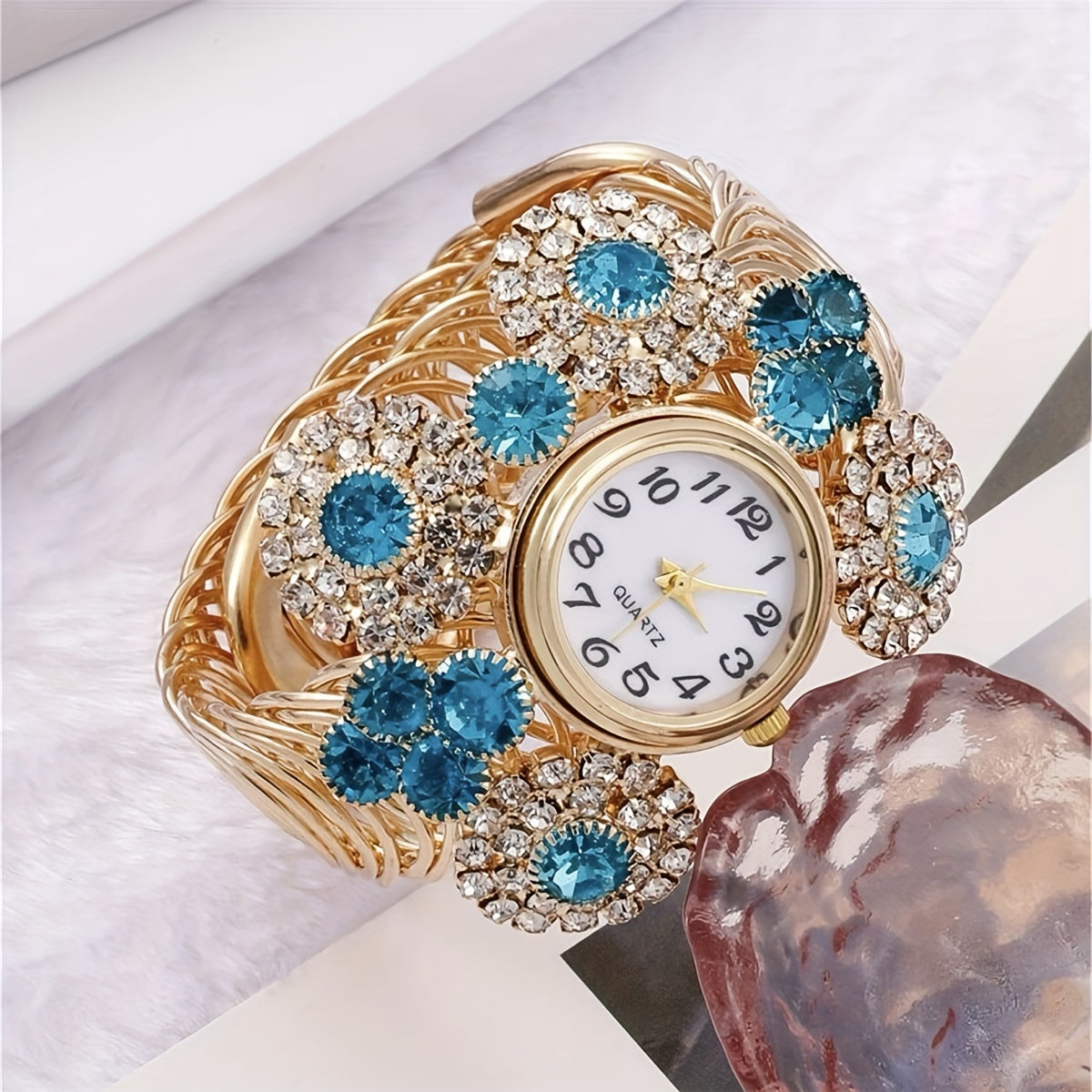 Women’s Rhinestone Quartz Watch Set with Jewelry Bracelet and Cuff in Boho Style