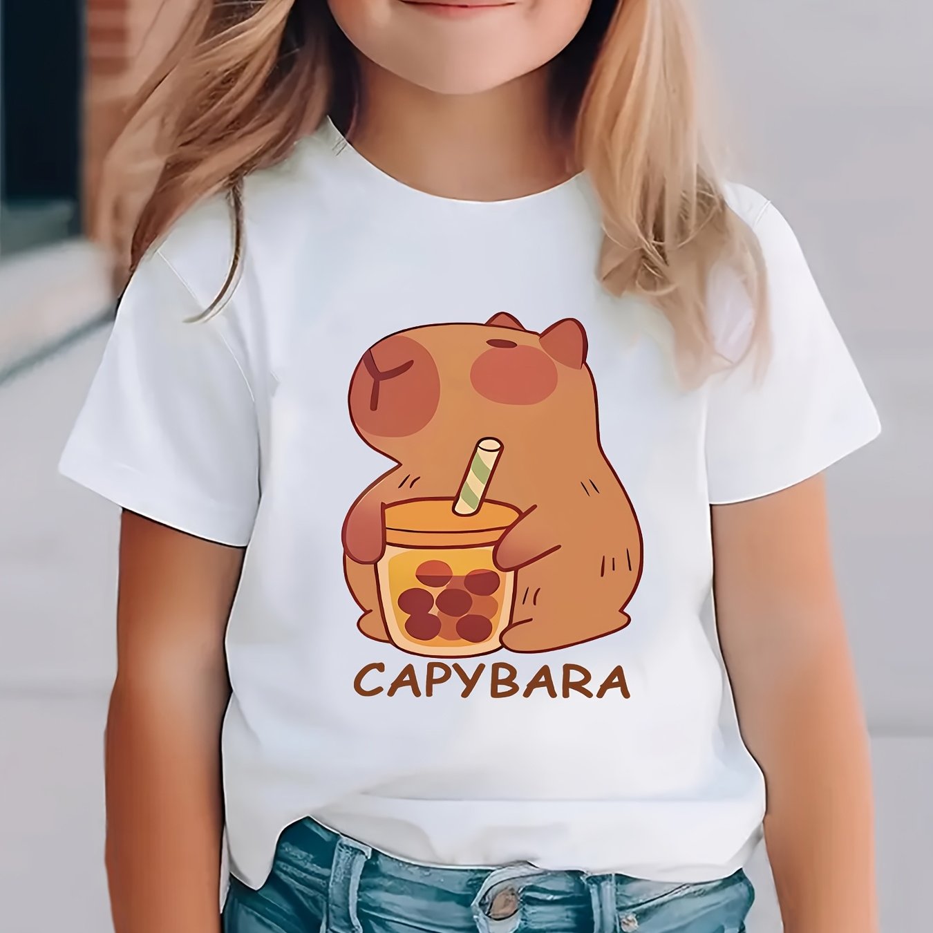 Girls' Knit Top with Capybara Drinking Milk Tea Pattern, Spring Summer Casual T-Shirt