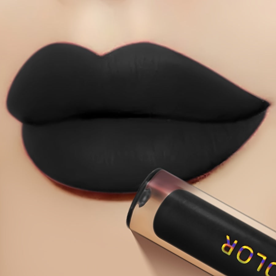 Brillo de labios mate negro para mujer, de larga duración, no pegajoso, color intenso