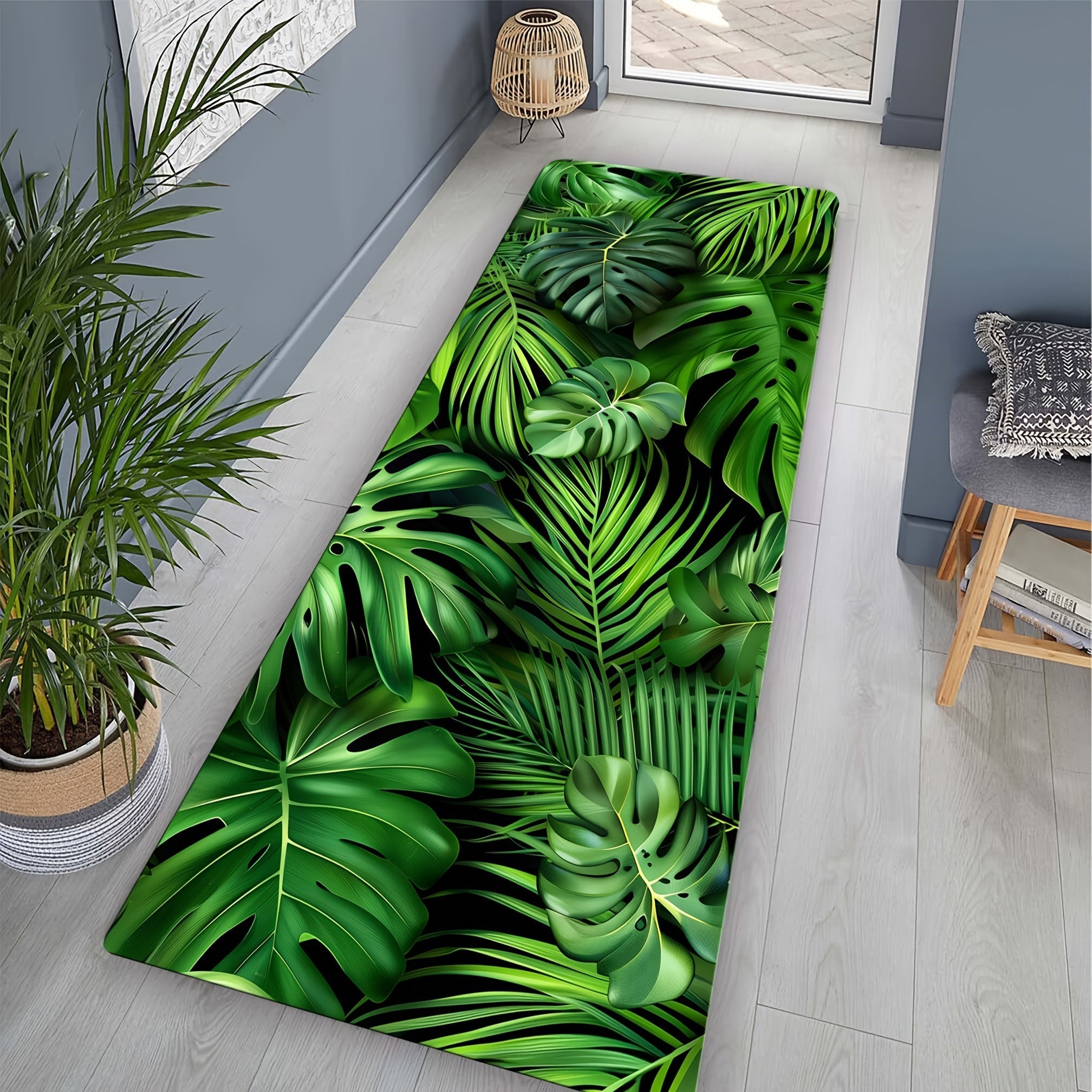 Green Leaf Pattern Non-Slip Area Rug for Living Room and Kitchen 1cm Thick