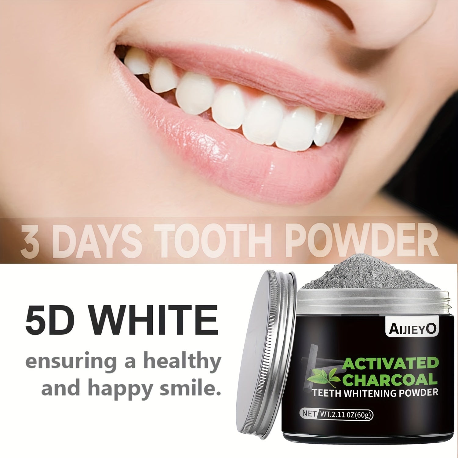 Charcoal Teeth Whitening Powder with Mint Flavor Brightens Smile Freshens Breath Natural Gums