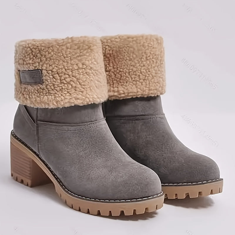 Women's Plush-Lined Chunky Heel Ankle Boots Solid Color Slip-On Winter Booties