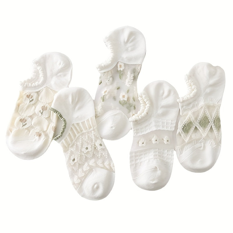 Women's No-Show Socks 10-Pack White Breathable Cotton Blend Floral 3D Textured