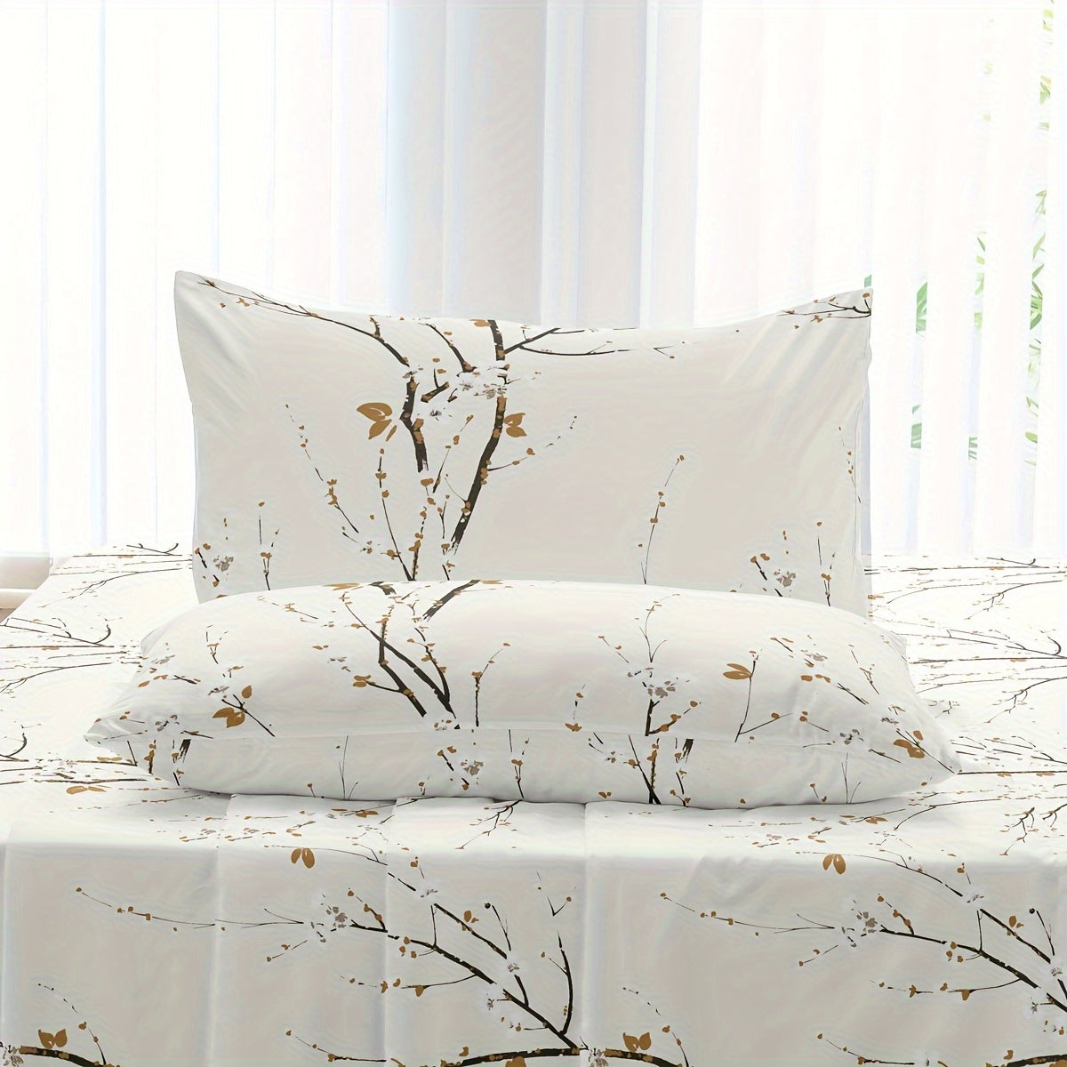 Set of Four Flower Print Fitted Sheets with Pillowcases Breathable Soft Cotton