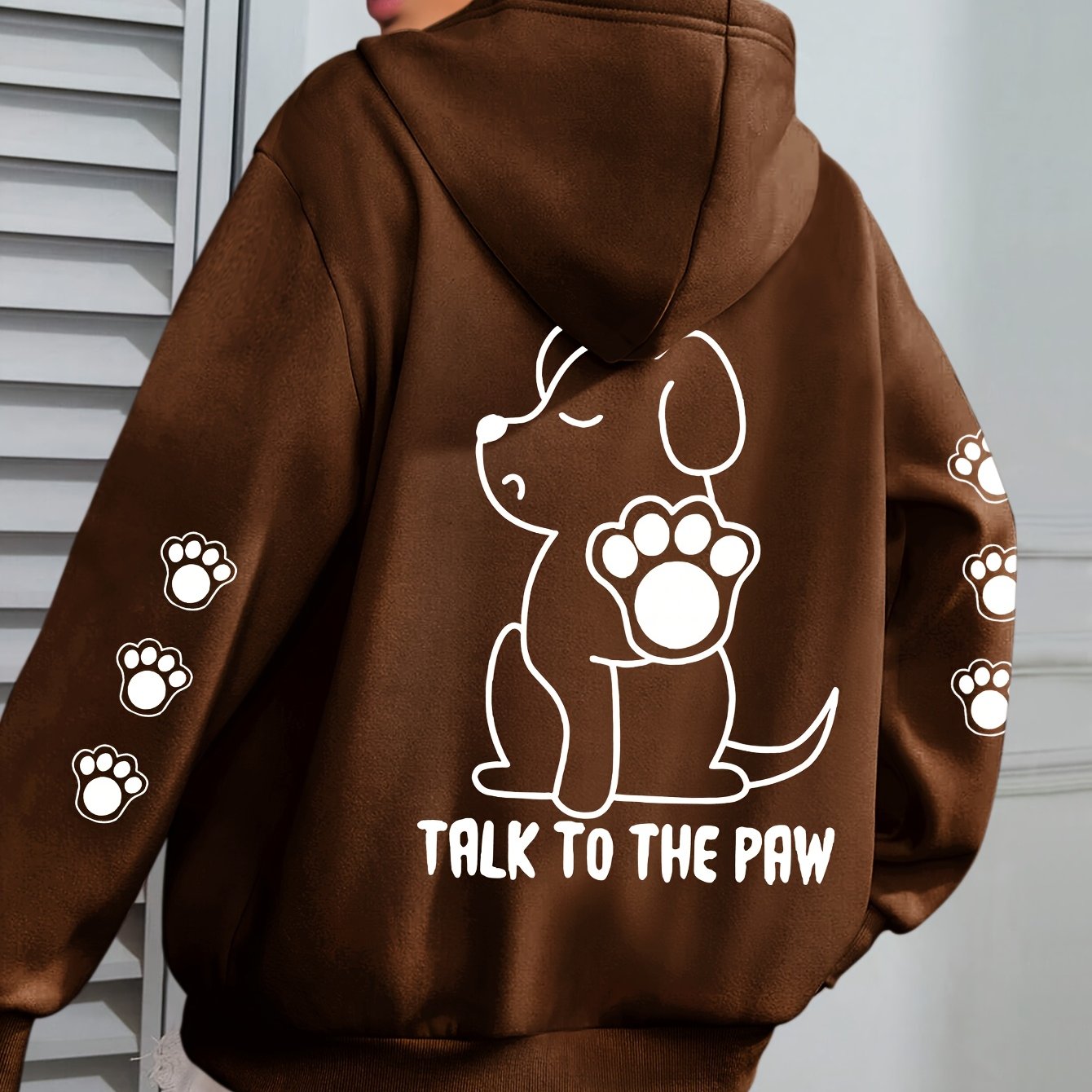 Plus Size Beige Hoodie with Dog "Talk to the Paw" Design Casual Pullover