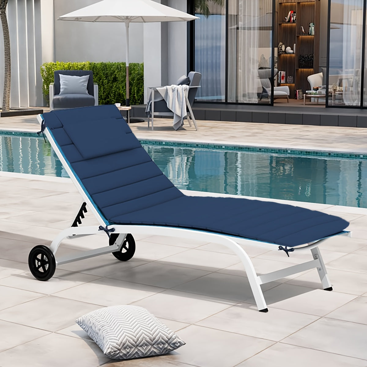 Outdoor Lounge Cushion Dark Blue 182.88cm x 53.34cm with Headrest and Straps for Patio Pool Chairs