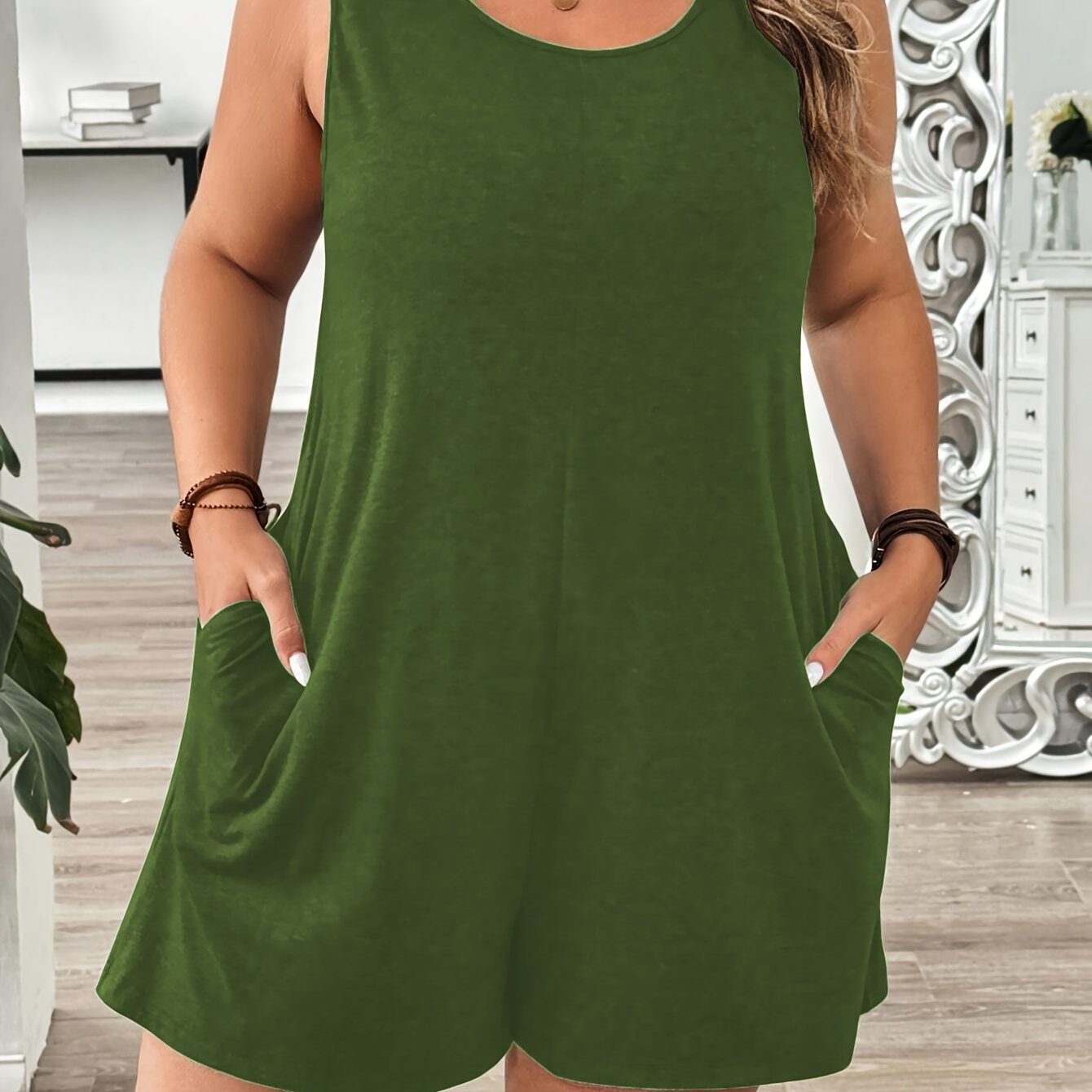 Women’s Plus Size Olive Green Sleeveless Romper Jumpsuit with Pockets