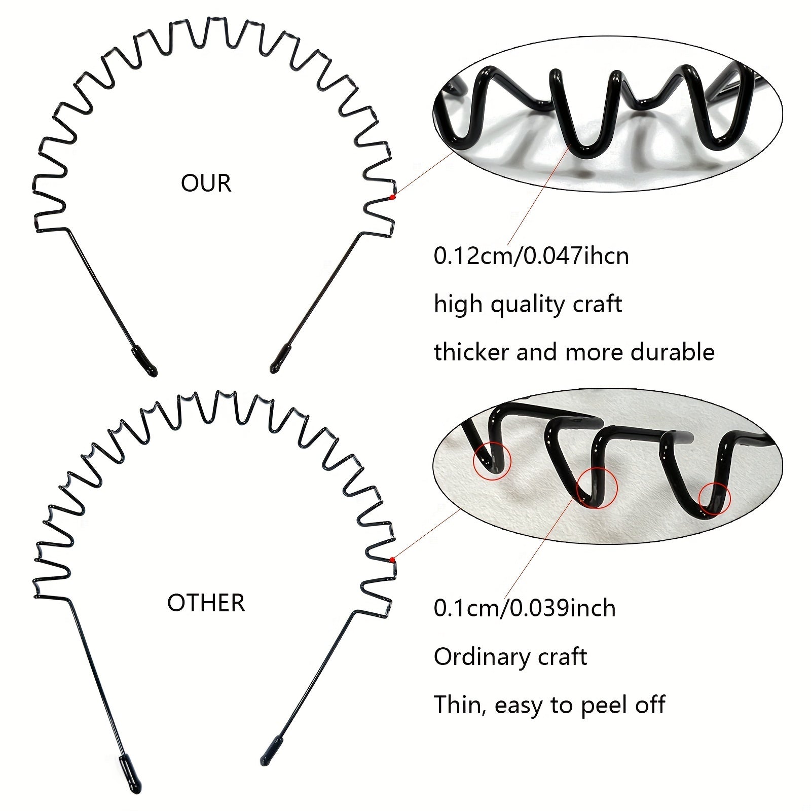 Set of 6 Black Wavy Spring Metal Hair Bands Non-Slip Elastic Headwear for Men Women